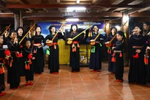 Presentación de cantos Then con laúd Tinh para visitantes en la casa de familia Tai Ngao, aldea de Na Tong, comuna de Thuong Lam. (Foto: VNA)
