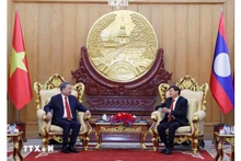 El secretario general del Partido Comunista de Vietnam, To Lam, y el secretario general del Partido Popular Revolucionario de Laos y presidente de ese país, Thongloun Sisoulith, se reunieron en privado. (Foto: VNA)