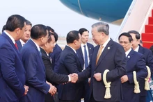 En la ceremonia de bienvenida al secretario general del PCV, To Lam, y a la delegación de alto nivel del Partido y el Estado de Vietnam en el Aeropuerto Internacional de Techo. (Foto: VNA)