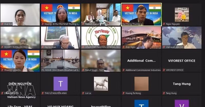 La Oficina Comercial de Vietnam en India organiza un seminario en línea con la participación de numerosas empresas, asociaciones sectoriales y organizaciones vietnamitas de promoción comercial. (Foto capturada de pantalla: VNA)