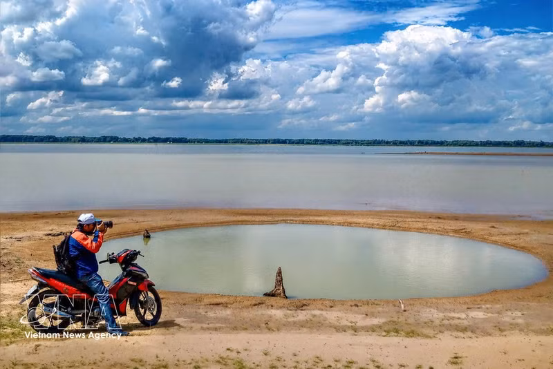 Turista visita, disfruta y captura los paisajes naturales del lago Dau Tieng. (Foto: VNA)