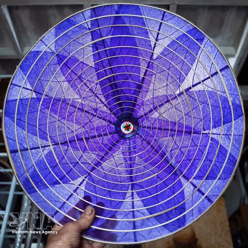 El sombrero de hojas de almendro terminado impresiona por su transparencia, ligereza y belleza natural derivada de la estructura de la hoja. (Foto: VNA)