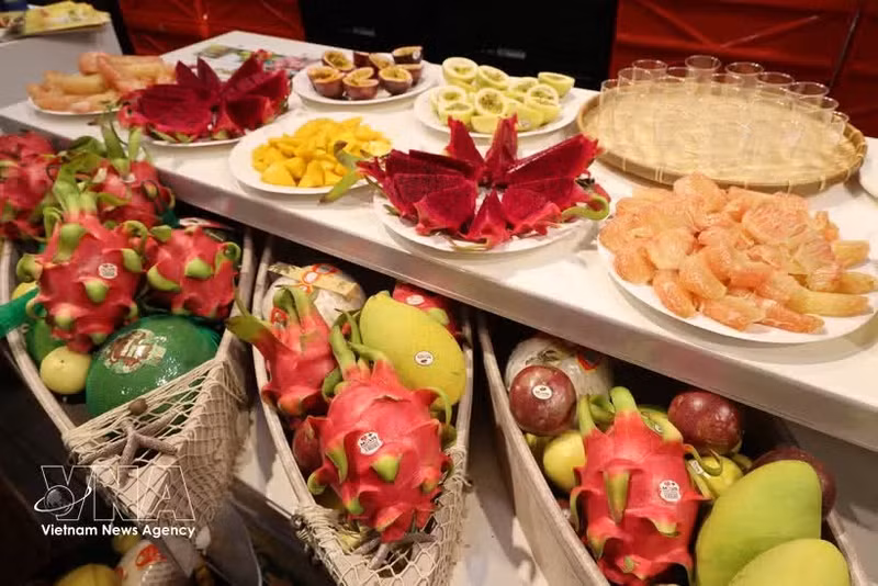 Se presentan productos frutales frescos vietnamitas a los clientes alemanes. (Foto: VNA)