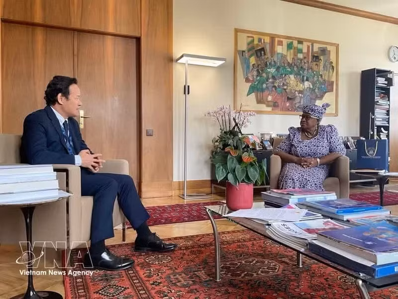 El embajador Mai Phan Dung, representante permanente de Vietnam ante la Organización Mundial del Comercio (OMC) en Ginebra, en la reunión con la directora general de la OMC, Ngozi Okonjo-Iweala. (Foto: VNA)