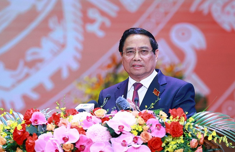 El primer ministro Pham Minh Chinh habla en una solemne ceremonia para conmemorar el 80º aniversario de la fundación del Gobierno de la República Socialista de Vietnam. (Foto: VNA)