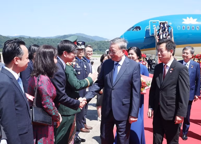 Funcionarios y empleados de la Embajada de Vietnam, junton con los miembros de la comunidad vietnamita en Corea del Sur, reciben a To Lam y su esposa en el aeropuerto militar de Seongnam, Seúl. (Foto: Thong Nhat/VNA)