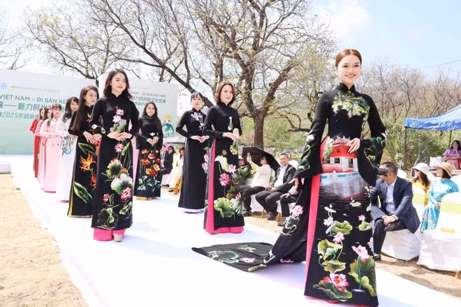 Para conmemorar el 75º aniversario de las relaciones diplomáticas entre Vietnam y China y el Año del Intercambio Humanístico entre Vietnam y China, representantes de la comunidad vietnamita en China organizan el desfile de moda "Ao Dai vietnamita: un legado que conecta" en Pekín del 18 al 20 de abril de 2025. (Foto: VNA)