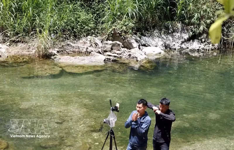 Jóvenes de la aldea de Khau Cau, comuna de Lam Binh, graban videos para promocionar el turismo local en plataformas digitales. (Foto: VNA)