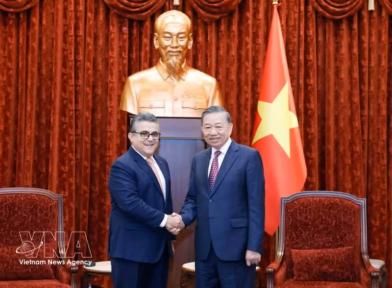 El secretario general del Partido y presidente de Vietnam, To Lam, recibe al embajador de Palestina, Saadi Salama. (Foto: VNA)