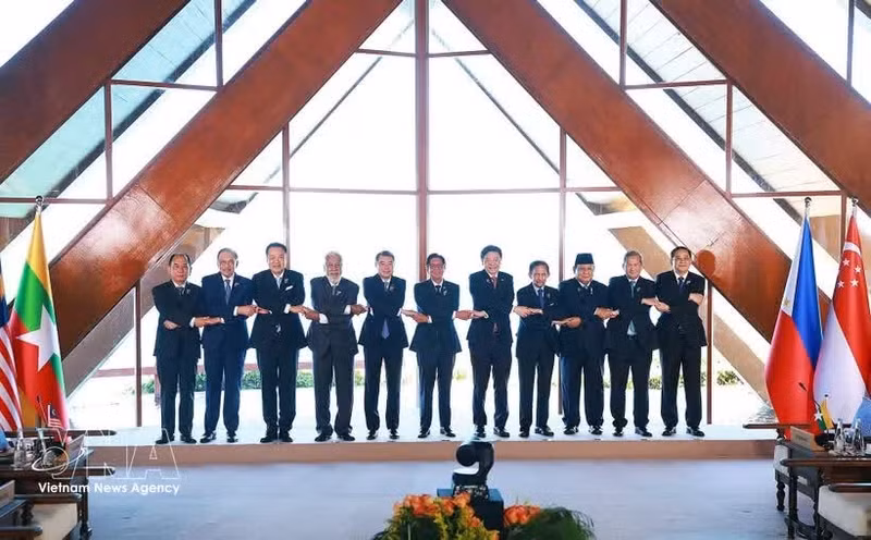 El primer ministro Le Minh Hung (quinto, por la izquierda) y los jefes de delegación asisten a la sesión restringida de la 48ª Cumbre de la Asean en Cebú, Filipinas. (Foto: VNA)