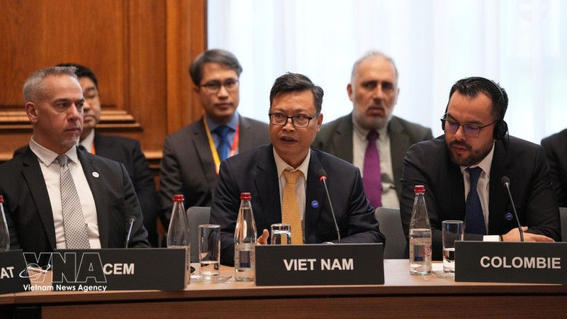 El embajador de Vietnam en Francia, Trinh Duc Hai, pronuncia un discurso en la reunión. (Foto: VNA)
