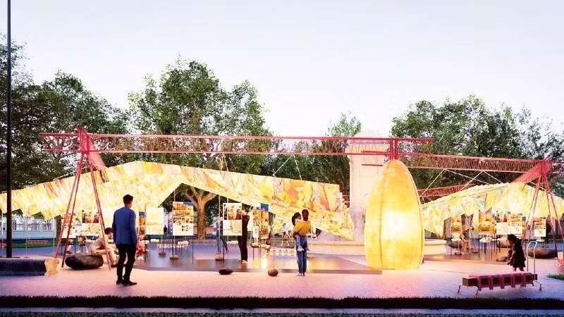 Una exposición única realizada con papel Do tradicional y materiales reciclados en el jardín de flores de Dien Hong. (Fuente: Nhan Dan)