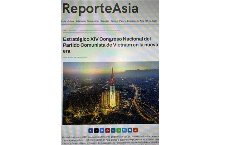 El artículo sobre el XIV Congreso Nacional del Partido Comunista de Vietnam en la página web ReporteAsia. (Foto: VNA)
