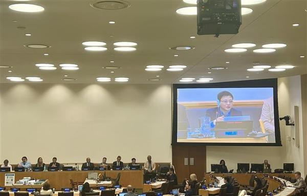 El represente del Ministerio de Recursos Naturales y Medio Ambiente de Vietnam, Nguyen Ba Thuy, interviene en la conferencia. (Fotografía: VNA)