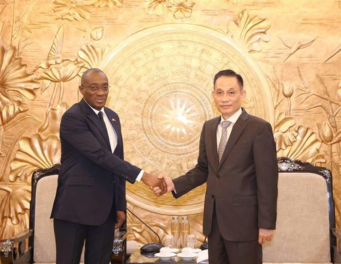El secretario del Comité Central del Partido Comunista de Vietnam (PCV) y jefe de su Comisión de Relaciones Exteriores, Le Hoai Trung, y Sahy Claude Soumahoro, miembro del Comité Permanente del RHDP y subsecretario encargado de comunicación y relaciones exteriores. (Foto: VNA)