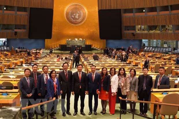 La delegación vietnamita en la reunión para votar y anunciar los resultados de la membresía del Consejo de Derechos Humanos de las Naciones Unidas (Fotografía: VNA)