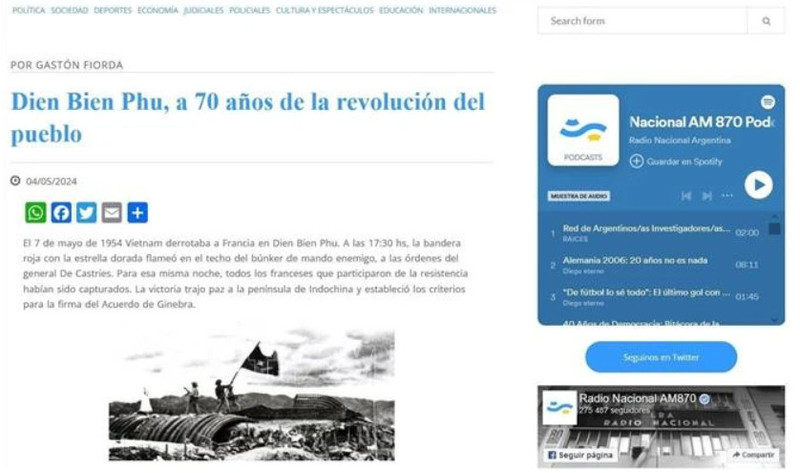 Radio Nacional Argentina publica el artículo para recuerdar de la victoria de Dien Bien Phu. (Foto: VNA)