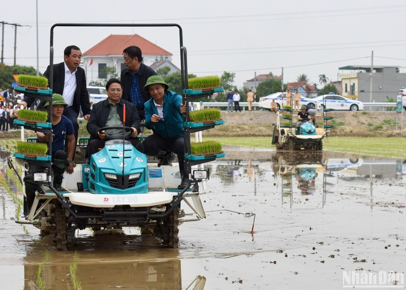 El primer ministro Pham Minh Chinh opera una máquina de siembra de arroz en la provincia de Hai Duong. 
