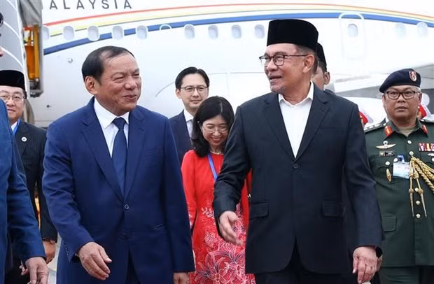 El ministro de Cultura, Deportes y Turismo de Vietnam, Nguyen Van Hung, recibe al primer ministro de Malasia, Anwar Ibrahim, en el aeropuerto internacional de Noi Bai (Fotografía: VNA)