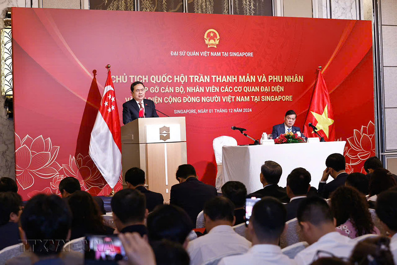 El presidente de la Asamblea Nacional de Vietnam, Tran Thanh Man, habla en la reunión con representantes de la comunidad coterránea en Singapur (Foto: VNA)