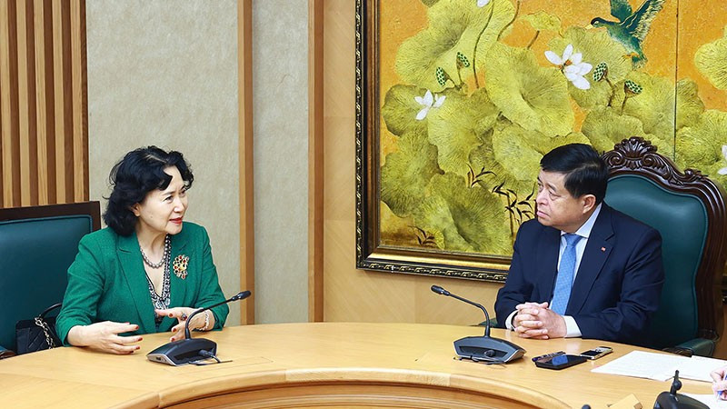 El viceprimer ministro vietnamita Nguyen Chi Dung dialoga con Tao Yitao, directora del Centro de Investigación de Zonas Económicas Especiales de China, adscrito a la Universidad de Shenzhen, en la provincia de Guangdong (Foto: VNA)
