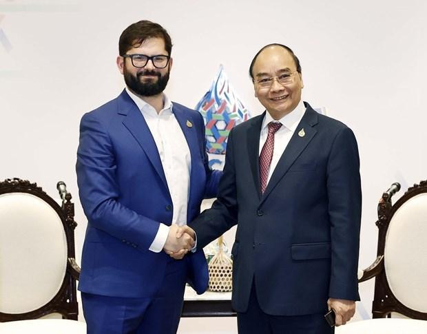 El presidente Nguyen Xuan Phuc (der.) y el presidente de Chile, Gabriel Boric Font, en su reunión bilateral (Fotografía: VNA)