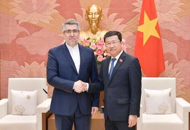 El jefe de la Comisión de Relaciones Exteriores de la Asamblea Nacional de Vietnam, Vu Hai Ha, recibe al embajador iraní, Ali Akbar Nazari. (Fotografía: VNA)