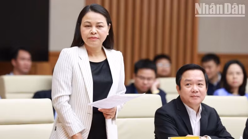 La secretaria del Comité del PCV en la provincia de Ninh Binh, Nguyen Thi Thu Ha, habla en la reunión.