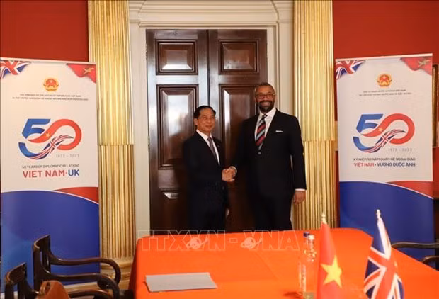 El ministro de Relaciones Exteriores de Vietnam, Bui Thanh Son, y su homólogo británico, James Cleverly (derecha) (Fotografía:VNA)