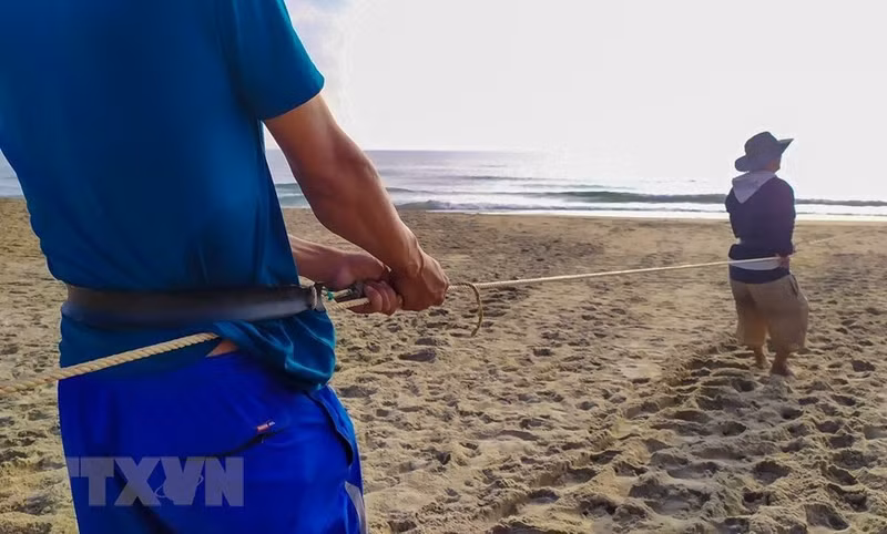 Los pescadores utilizan un cinturón de caucho para aumentar la fuerza de arrastre.