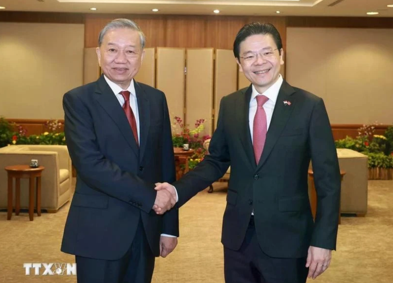 El secretario general del Partido Comunista de Vietnam, To Lam (izquierda), y el primer ministro singapurense, Lawrence Wong, en su reunión del 12 de marzo. (Foto: VNA)