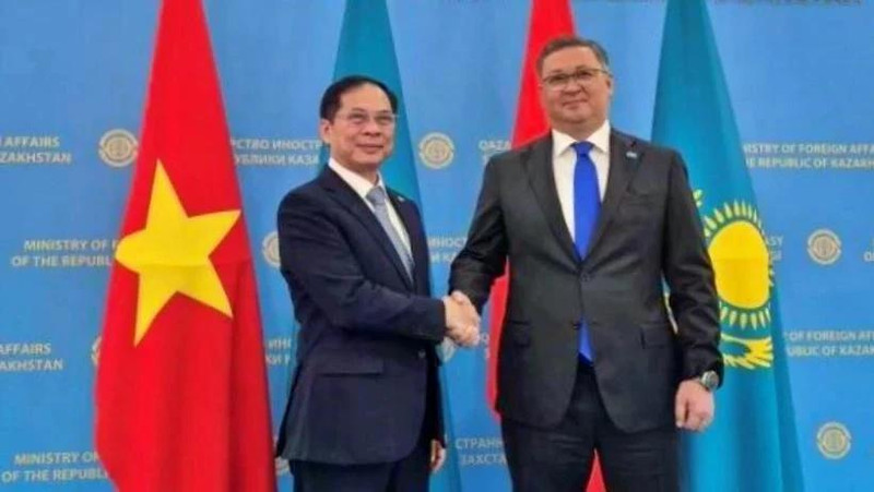 El viceprimer ministro y canciller vietnamita, Bui Thanh Son, y su homólogo kazajo, Murat Nurtleu. (Foto: VNA)