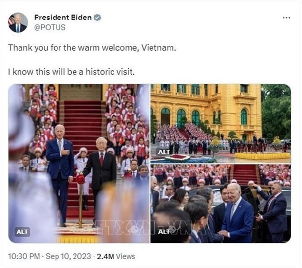 Publicación en la red social X ( antes conocida como Twitter) del presidente estadounidense Joseph Biden. (Fotografía: VNA)