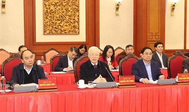 El secretario general del Partido Comunista de Vietnam, Nguyen Phu Trong, interviene en la reunión. (Fotgrafía: VNA)