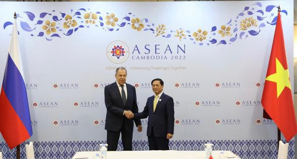 El ministro de Relaciones Exteriores de Vietnam, Bui Thanh Son y su homólogo ruso, Sergei Lavrov, en su reunión en Phnom Penh el 12 de noviembre (Fotografía: VNA)