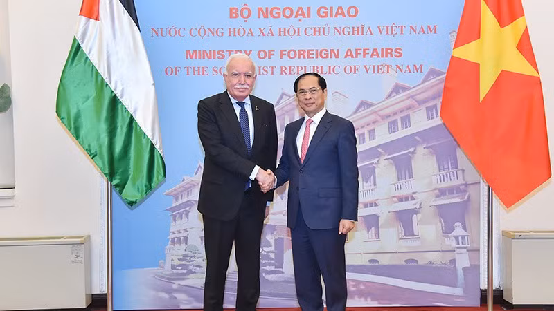El viceprimer ministro y canciller de Vietnam, Bui Thanh Son, recibe a Riad Malki, asesor del Presidente para Asuntos Internacionales y enviado especial del Estado de Palestina. (Foto: Ministerio de Relaciones Exteriores de Vietnam)