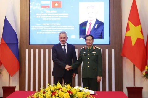 El ministro vietnamita de Defensa, Phan Van Giang (derecha), se reúne con Sergei Shoigu, secretario del Consejo de Seguridad de Rusia. (Foto: VNA)