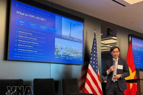 El profesor asociado y doctor Nguyen Huu Huan, vicepresidente del Consejo Ejecutivo del VIFC en Ciudad Ho Chi Minh, interviene en las conversaciones empresariales entre Vietnam y Estados Unidos celebradas el 23 de marzo en Nueva York. (Foto: VNA)
