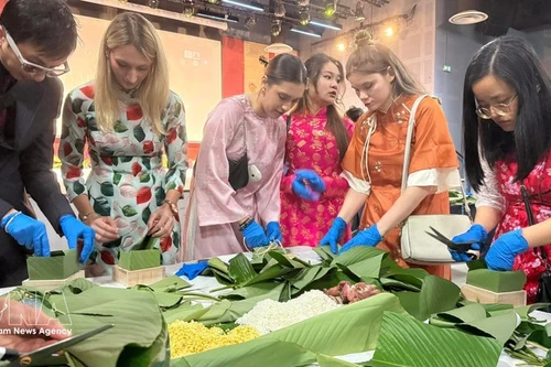 Los jóvenes participan en la elaboración del banh chung (Foto: VNA)