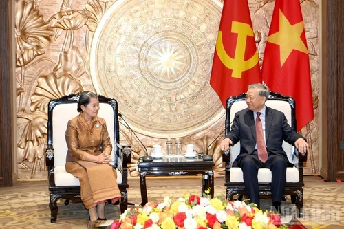 El secretario general del Partido Comunista de Vietnam, To Lam, y la vicepresidenta del Partido Popular de Camboya (CPP) y titular del Consejo Nacional del Frente de Solidaridad para el Desarrollo de la Patria de ese país, Men Sam An (Foto: Nhan Dan)