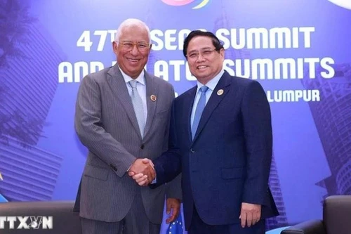El primer ministro de Vietnam, Pham Minh Chinh, se reúne con el presidente del Consejo Europeo, Antonio Costa, al margen de la 47ª Cumbre de la Asean y citas relacionadas, en Malasia. (Foto: VNA)