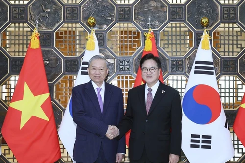 El secretario general del Partido Comunista de Vietnam, To Lam (izquierda), y el presidente de la Asamblea Nacional de Corea del Sur, Woo Won Shik. (Foto: VNA)