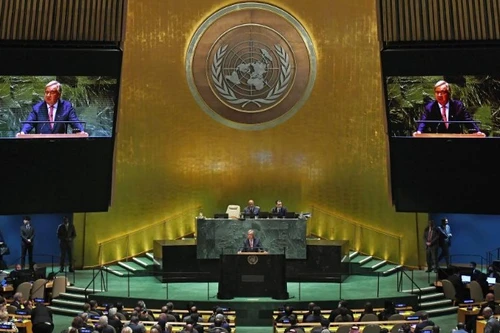 El secretario general de la ONU, Antonio Guterres, habla durante una sesión de la Asamblea General de la ONU en su sede de Nueva York. (Fotografía: Xinhua)