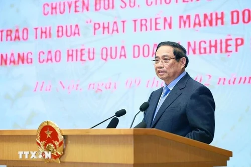 El primer ministro, Pham Minh Chinh, interviene en la ceremonia. (Foto: VNA)