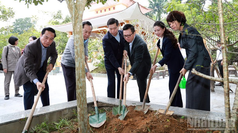 Dirigentes del Comité del PCV en los órganos centrales del Partido, directivos de Nhan Dan y representantes del gobierno de Tuyen Quang plantan un árbol de recuerdo en el recinto de la sala memorial del Comité del Partido en los órganos centrales “Dan-Chinh-Dang”.