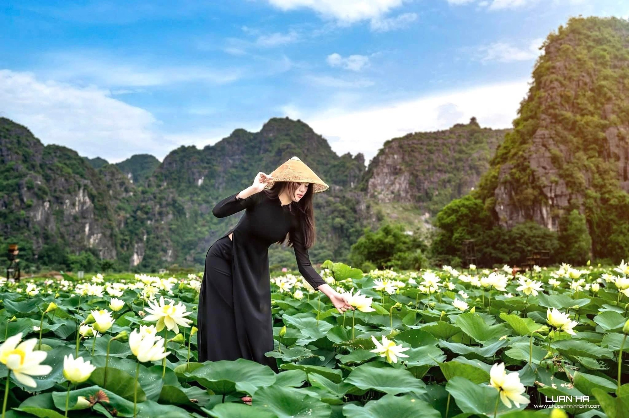 Para este paisaje de fondo, se recomienda el ao dai (túnica tradicional), que realza la feminidad y la gracia; el yem (vestimenta femenina tradicional para el torso) y el ao ba ba (blusa sin cuello, de manga larga y abotonada), que están impregnados de la identidad cultural folclórica vietnamita, o simplemente un vestido blanco para evocar el sentido de pureza. Para este paisaje de fondo, se recomienda el ao dai (túnica tradicional), que realza la feminidad y la gracia; el yem (vestimenta femenina tradicional para el torso) y el ao ba ba (blusa sin cuello, de manga larga y abotonada), que están impregnados de la identidad cultural folclórica vietnamita, o simplemente un vestido blanco para evocar el sentido de pureza.