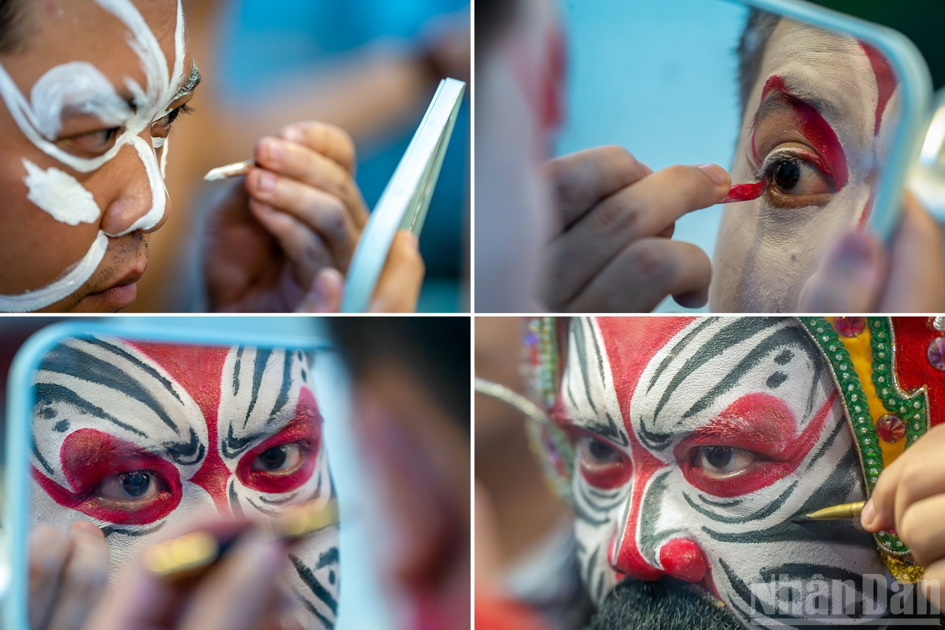 Los métodos de pintura facial en el “tuong” de Binh Dinh exigen un esmerado trabajo y nitidez en las pinceladas. El artista lo realiza con las dos manos, pintando cada mitad de la cara por separado.