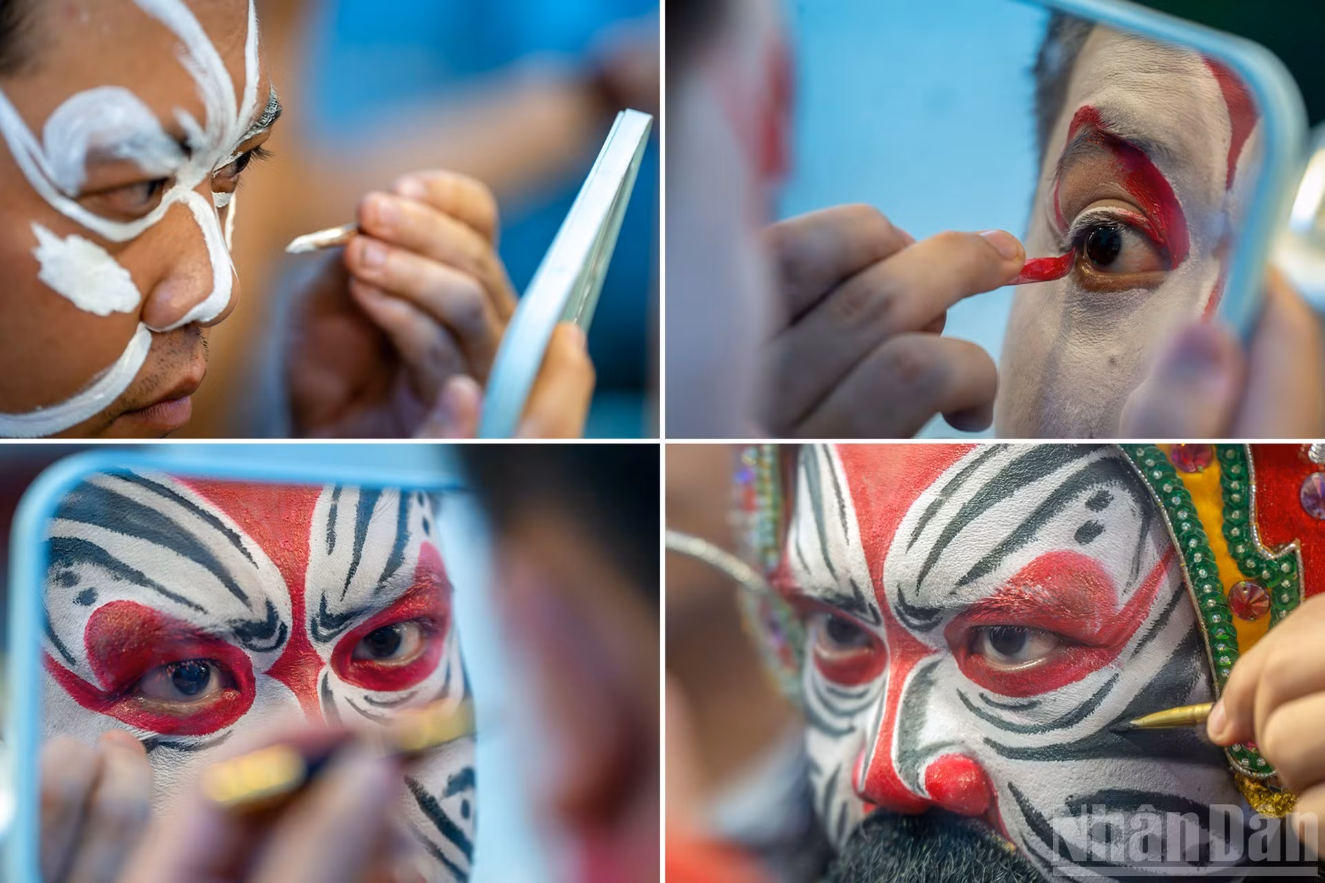 Los métodos de pintura facial en el “tuong” de Binh Dinh exigen un esmerado trabajo y nitidez en las pinceladas. El artista lo realiza con las dos manos, pintando cada mitad de la cara por separado.