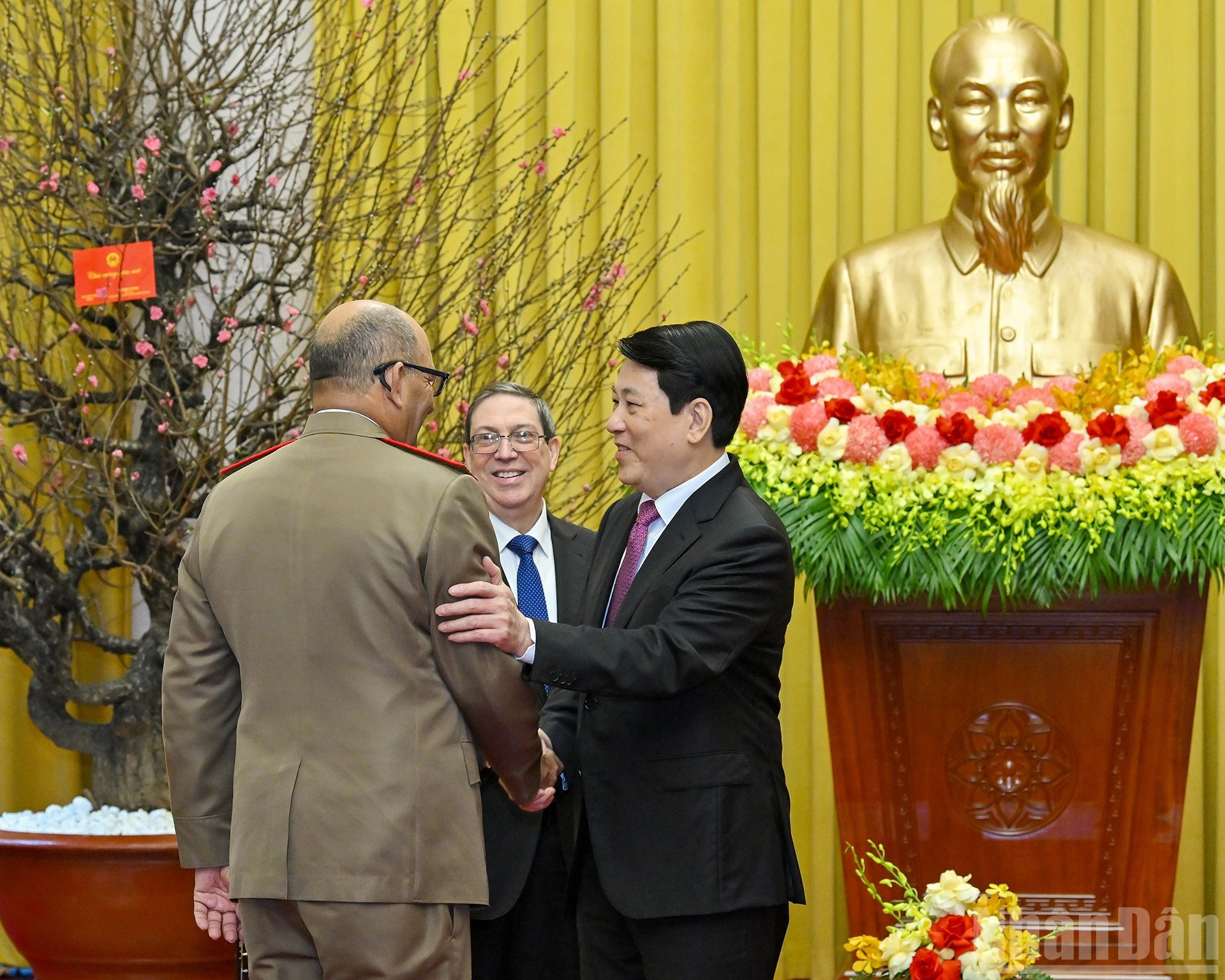 El presidente Luong Cuong recibe a miembros de la delegación cubana.