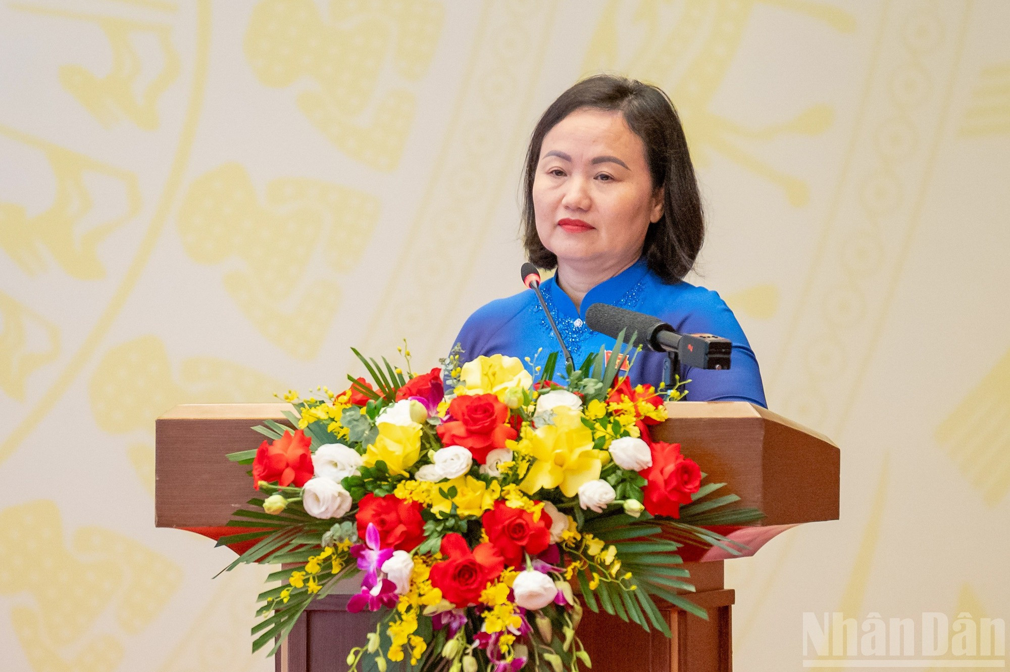Pham Thuy Chinh, subjefa de la Comisión de Asuntos Económicos y Financieros de la Asamblea Nacional, habla en la conferencia.
